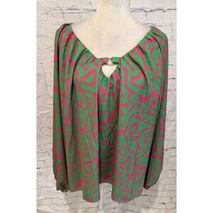 Stylewe Top Blouse Green & Pink Print Keyhole Front Long Sleeve Size XL